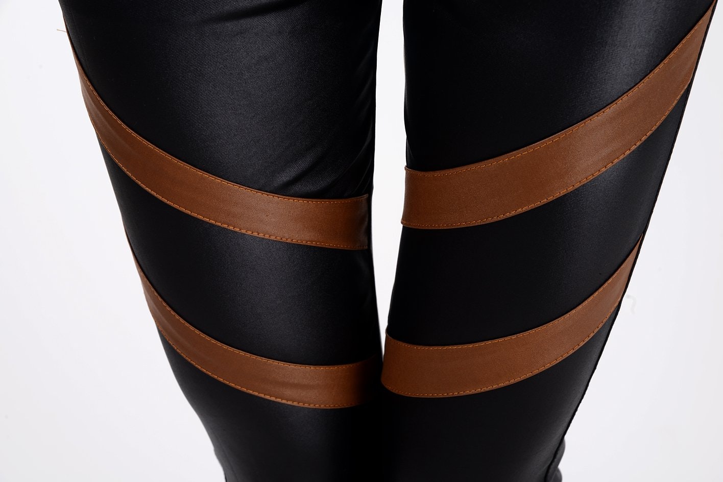 Black Faux Leggings with Brown stripes and pockets