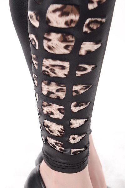Vogue Black Faux Leather Patchwork Leopard Tear Hole Leggings