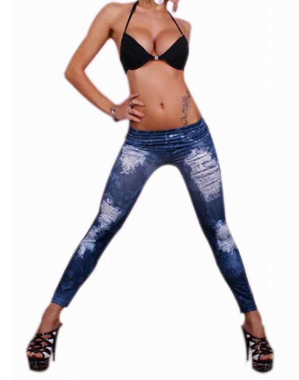 Blue Hole Imitation jeans print Leggings Jeggings with strass