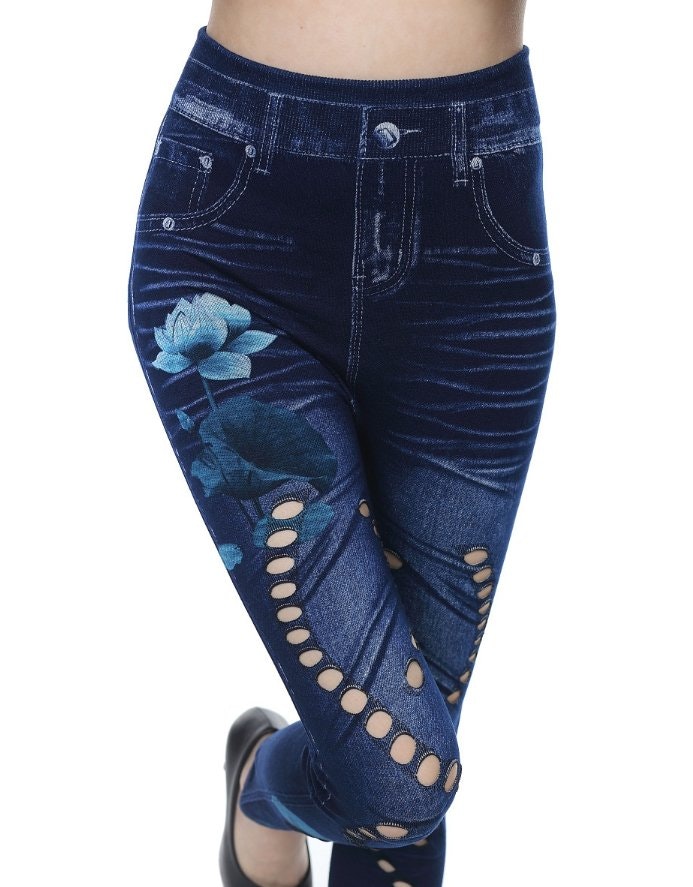 Jeans Leggings with Flower and Hole