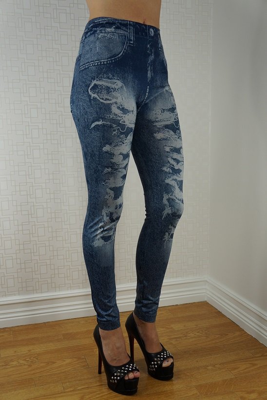 Blue Fake Hole Imitation Jeans Leggings