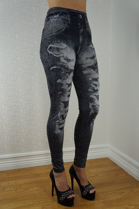 Black Fake Hole Imitation Jeans Leggings