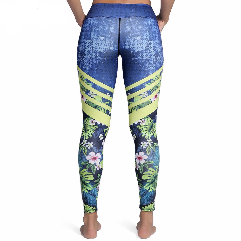 Träningstights Blå Yoga Leggings med Löv och Blommor