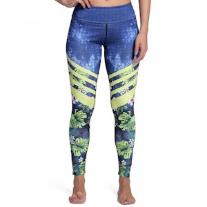 Träningstights Blå Yoga Leggings med Löv och Blommor