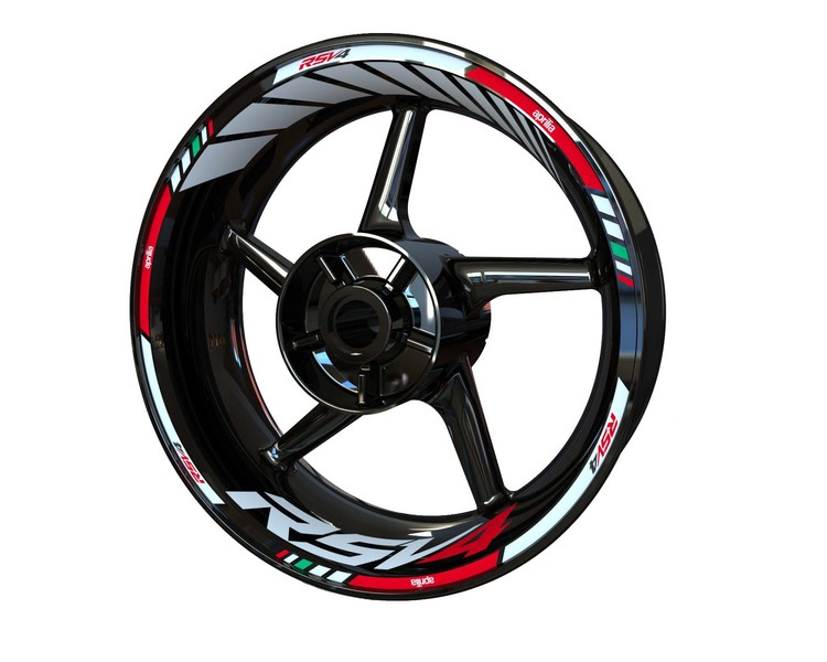 Black rim with Aprilia RSV4 wheel stickers in red and green
