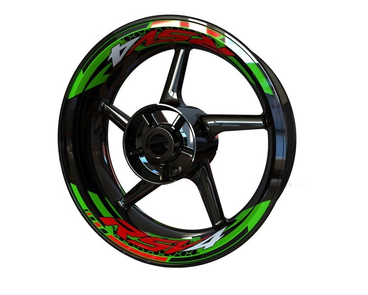 Two Aprilia RSV4 wheel stickers in red, green and black on red motorcycle rim