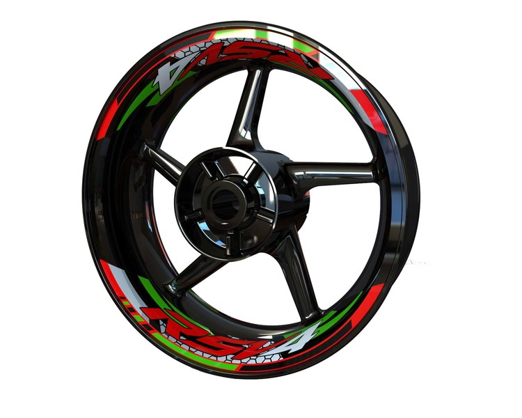 Two Aprilia RSV4 wheel stickers in red and green on red motorcycle rim