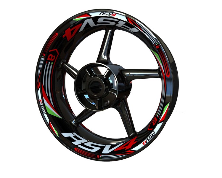 Black rim with Aprilia RSV4 wheel stickers in red, white and green