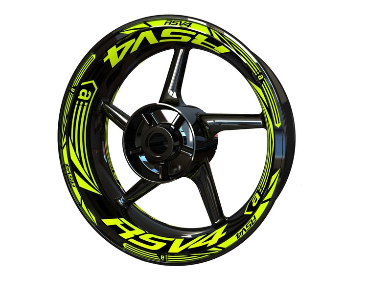 Black rim with Aprilia RSV4 wheel stickers in fluorescent yellow