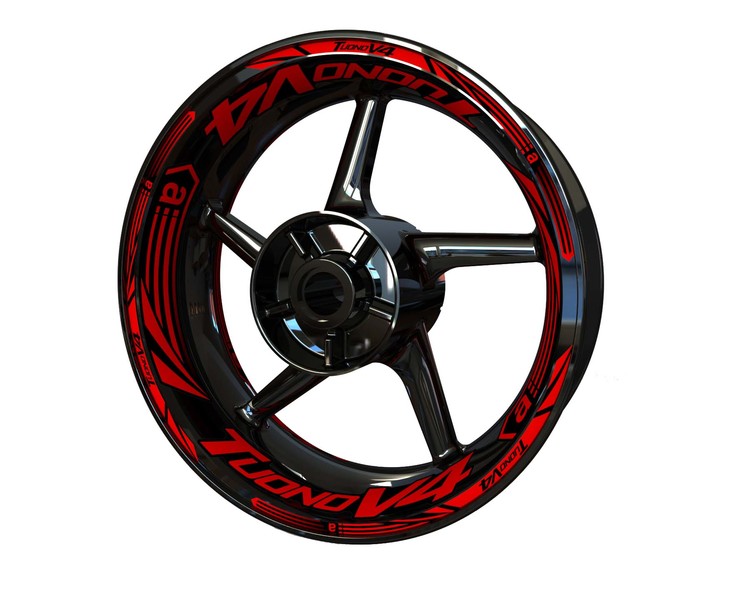 Black motorcycle rim with Aprilia Tuono V4 rim stickers in red