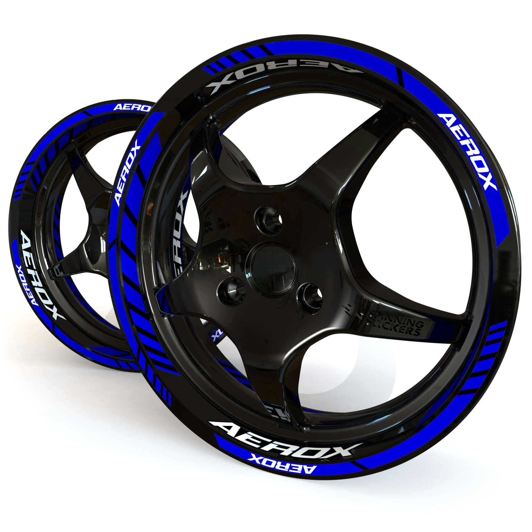 Blue and white Yamaha Aerox wheel stickers on a black 12 inch moped rim