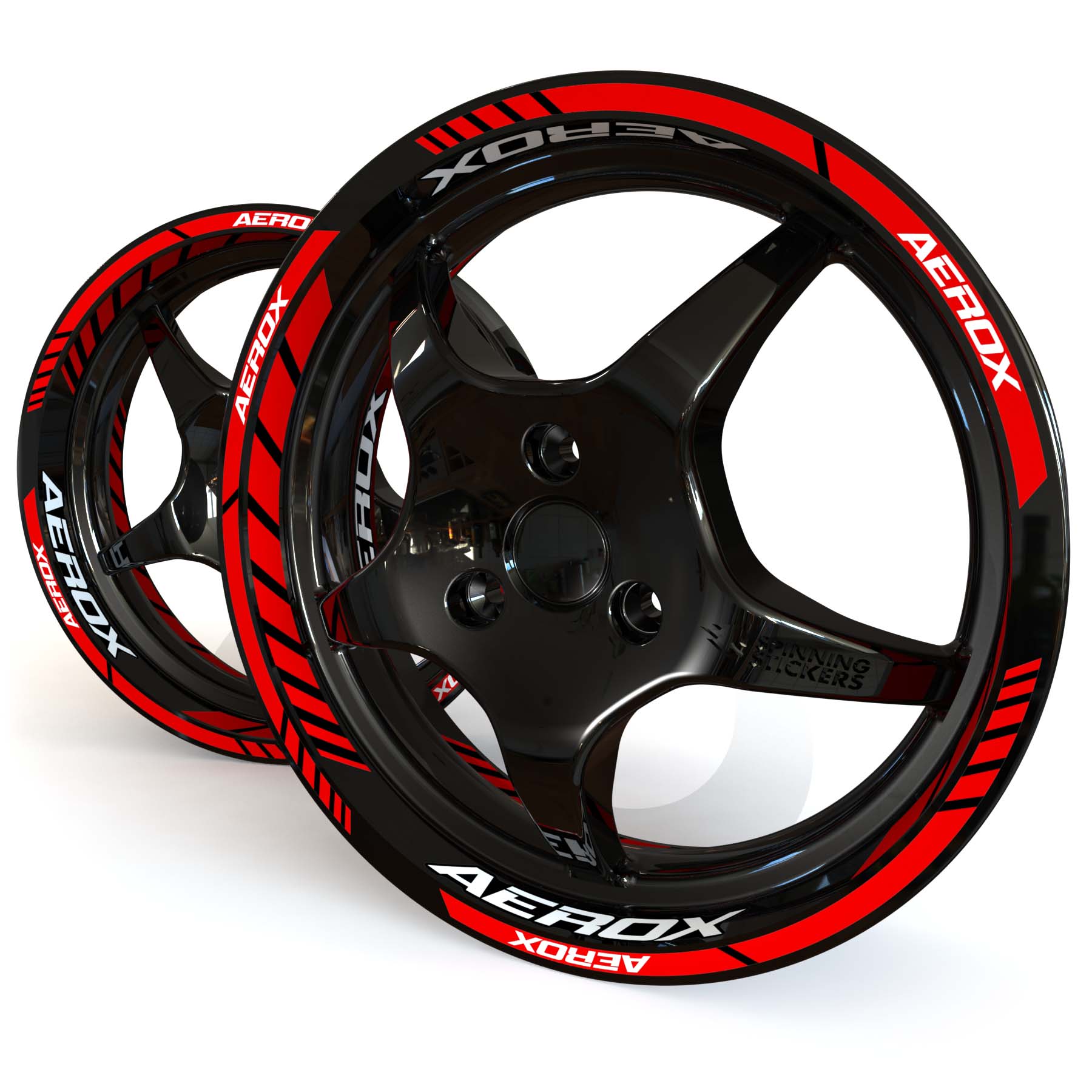 Red and white Yamaha Aerox wheel stickers on a black 12 inch moped rim