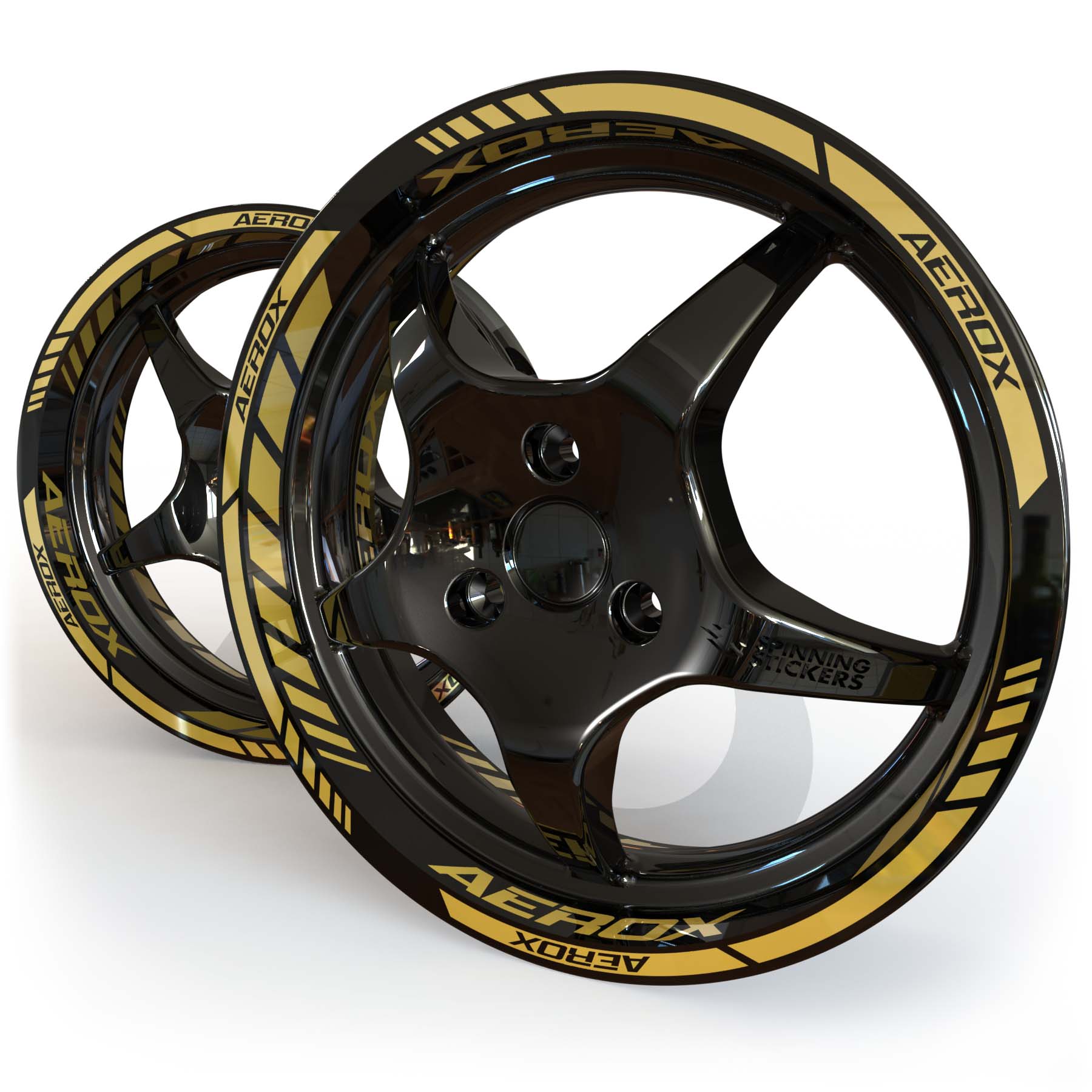 Metallic gold Yamaha Aerox wheel stickers on a black 12 inch moped rim