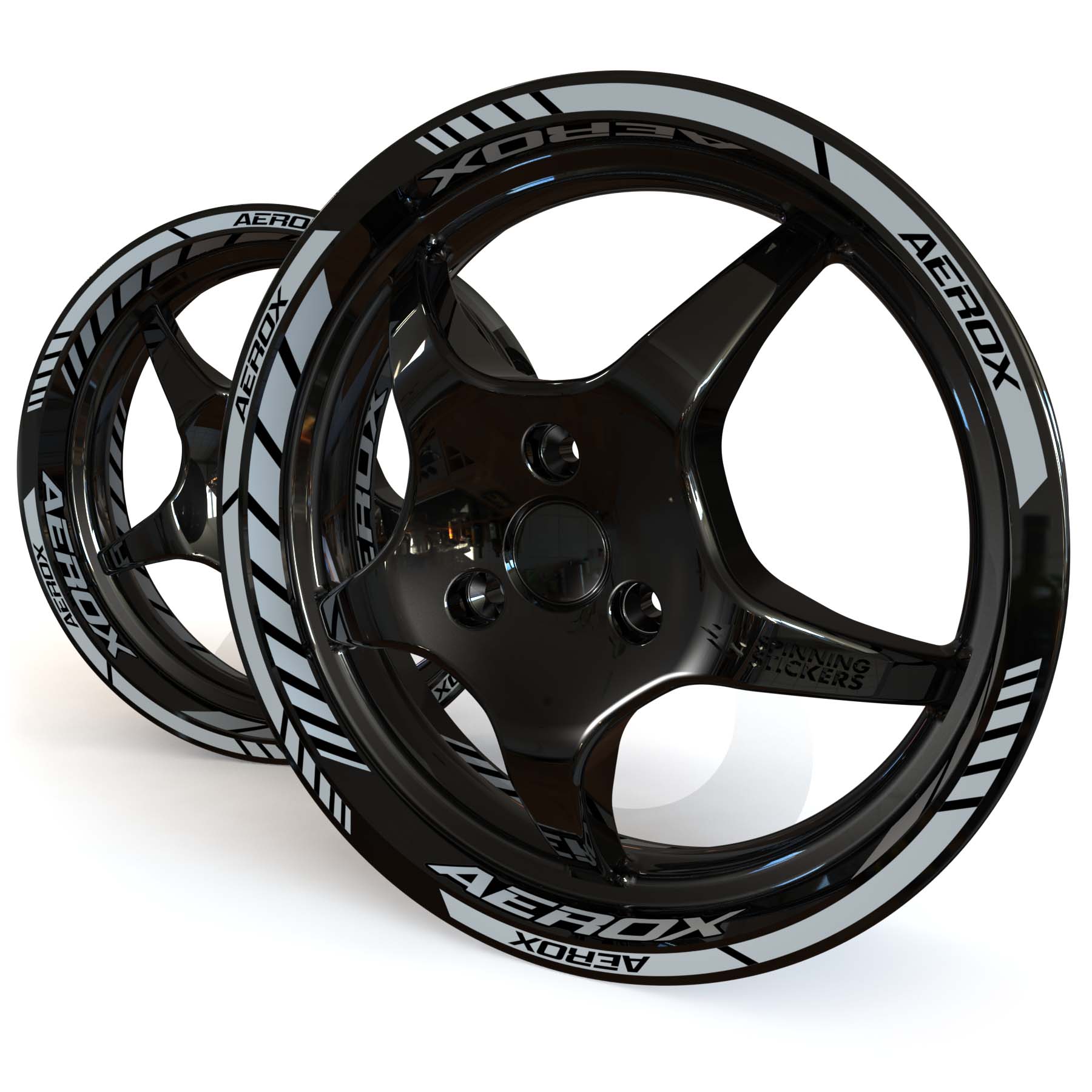 Gray Yamaha Aerox wheel stickers on a black 12 inch moped rim