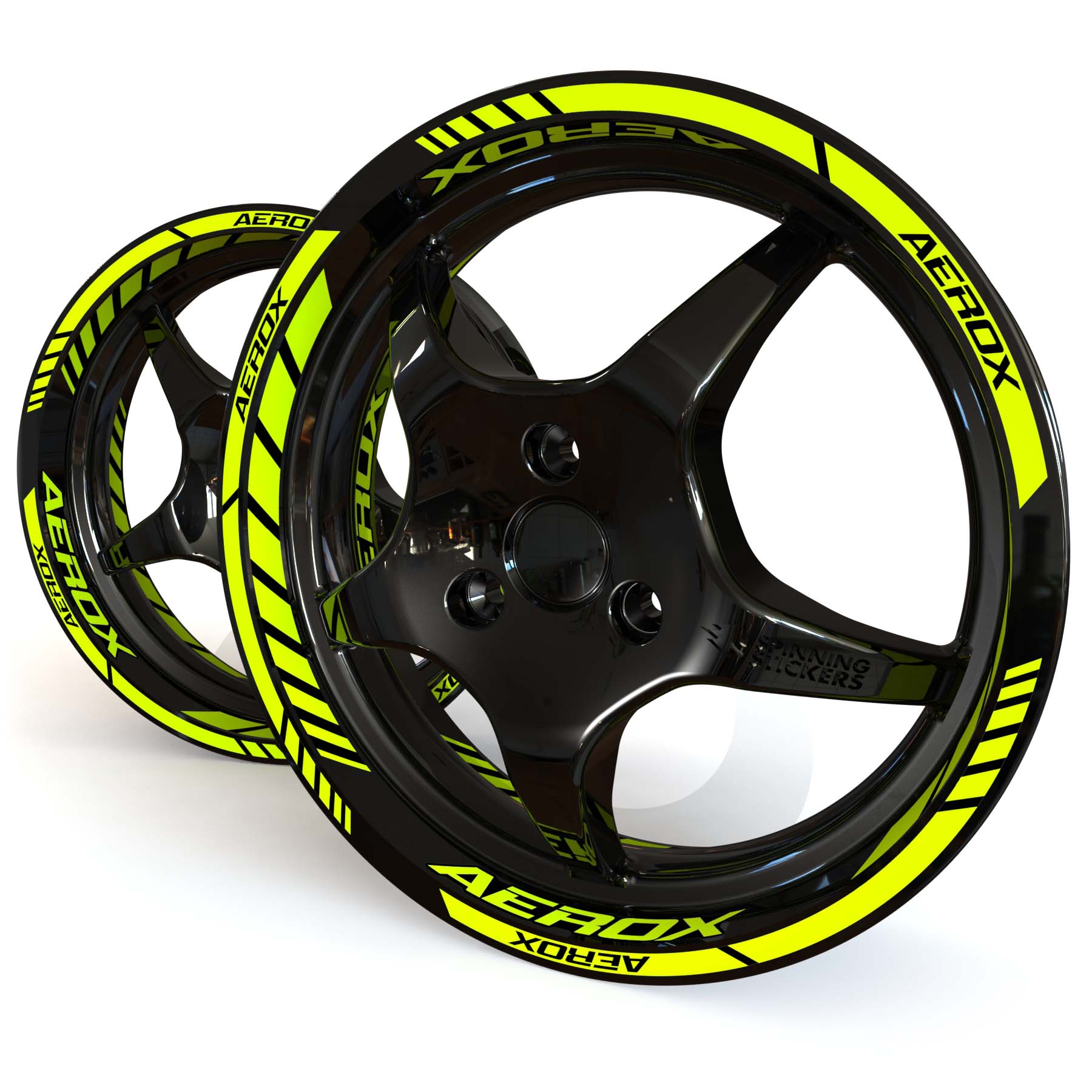 Fluorescent yellow Yamaha Aerox wheel stickers on a black 12 inch moped rim