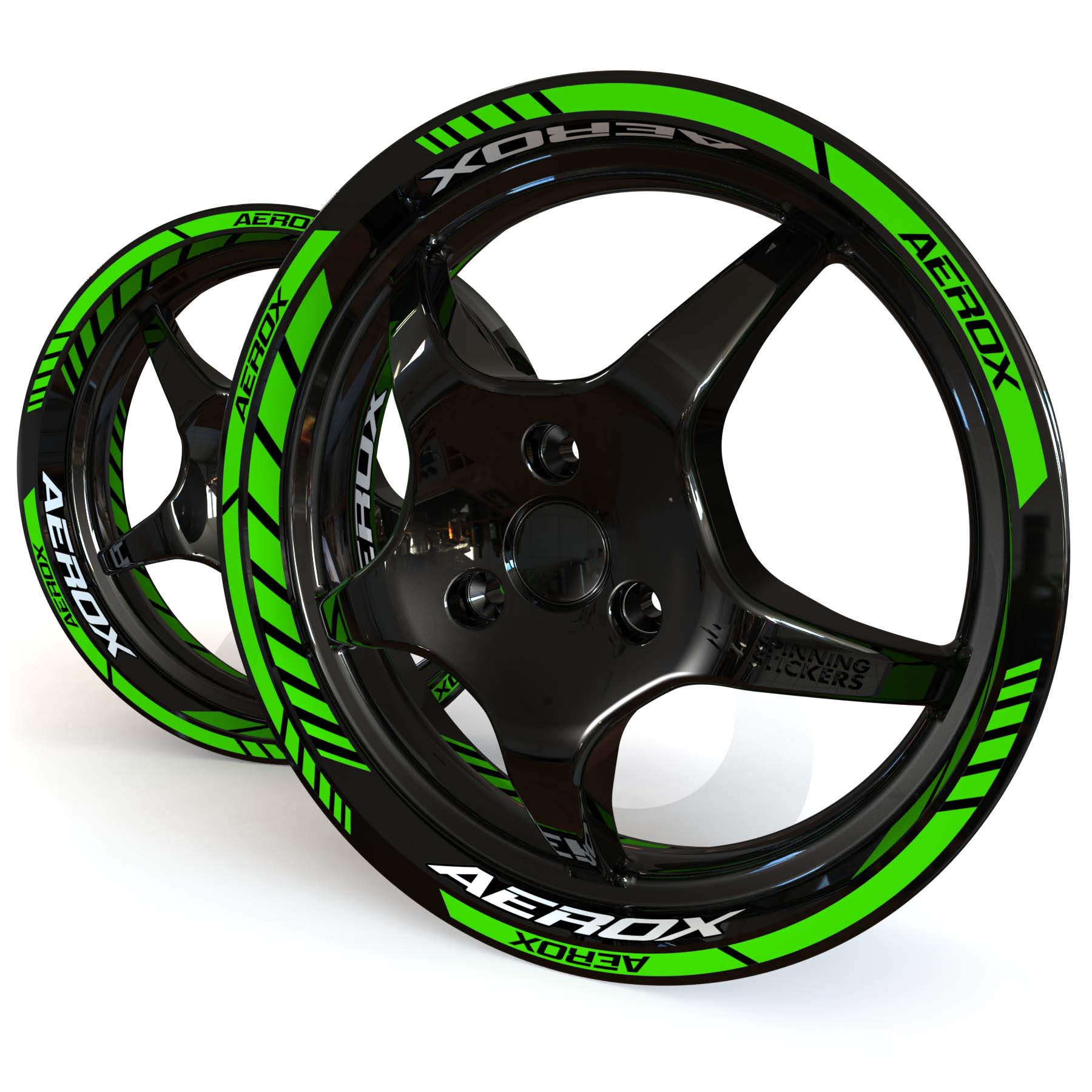 Green and white Yamaha Aerox wheel stickers on a black 12 inch moped rim