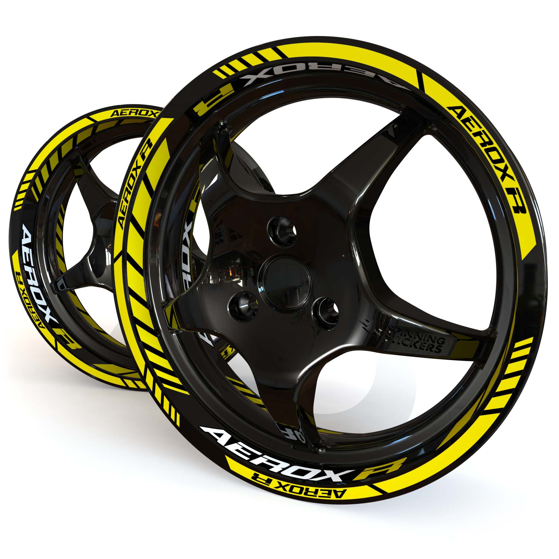 Yellow and white Yamaha Aerox R wheel stickers on a black 12 inch moped rim