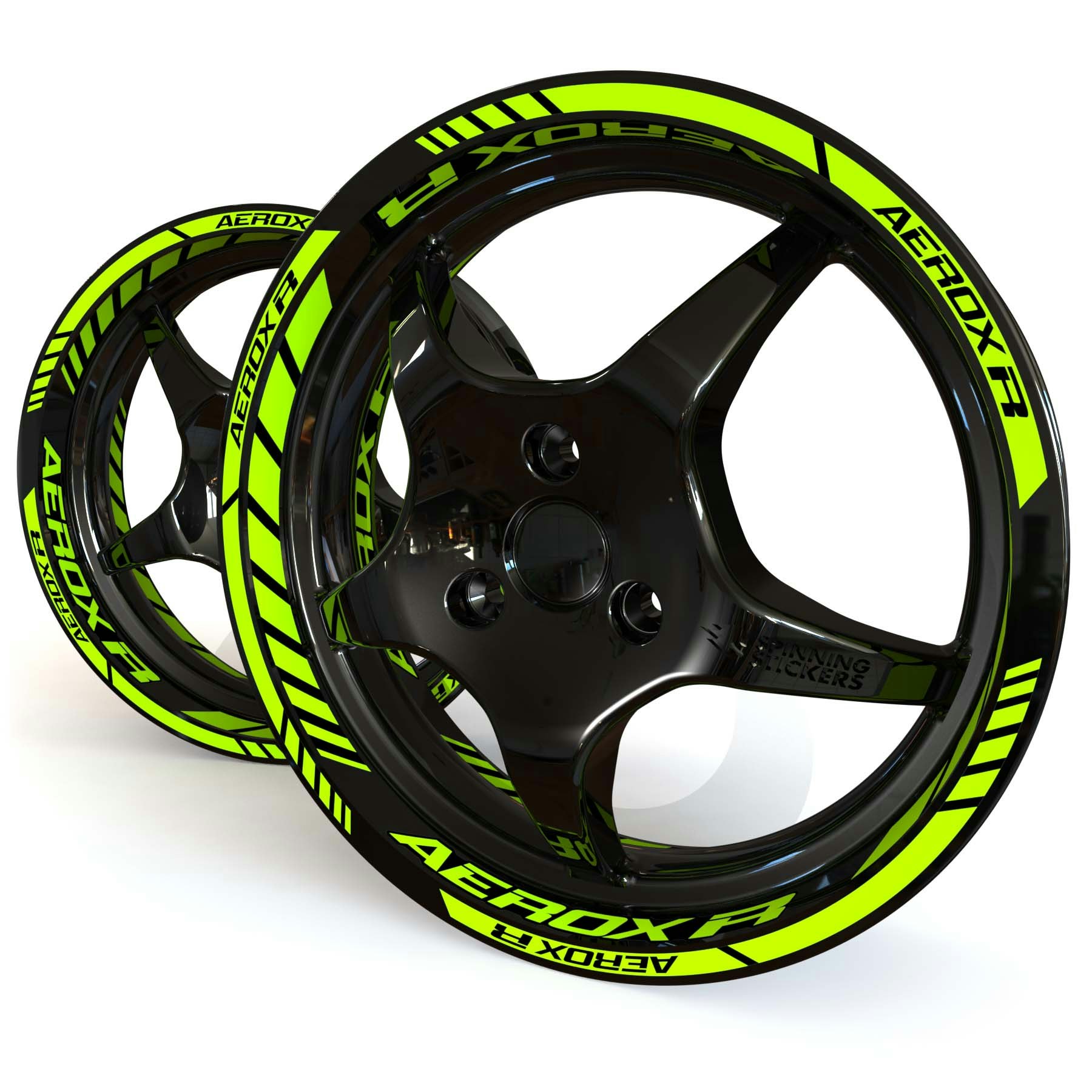 Fluorescent Yellow Yamaha Aerox R wheel stickers on a black 12 inch moped rim