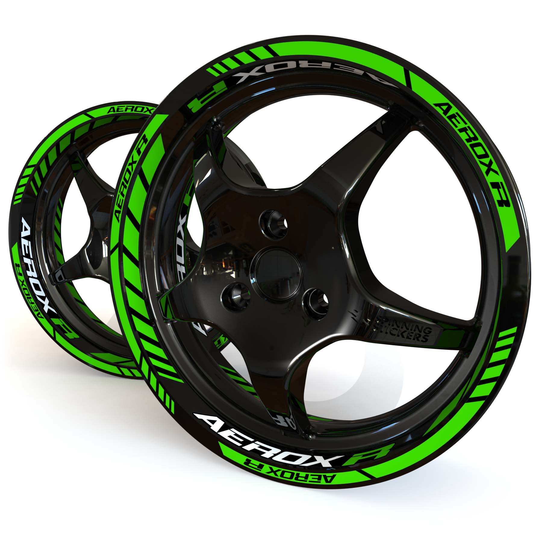 Green and white Yamaha Aerox R wheel stickers on a black 12 inch moped rim