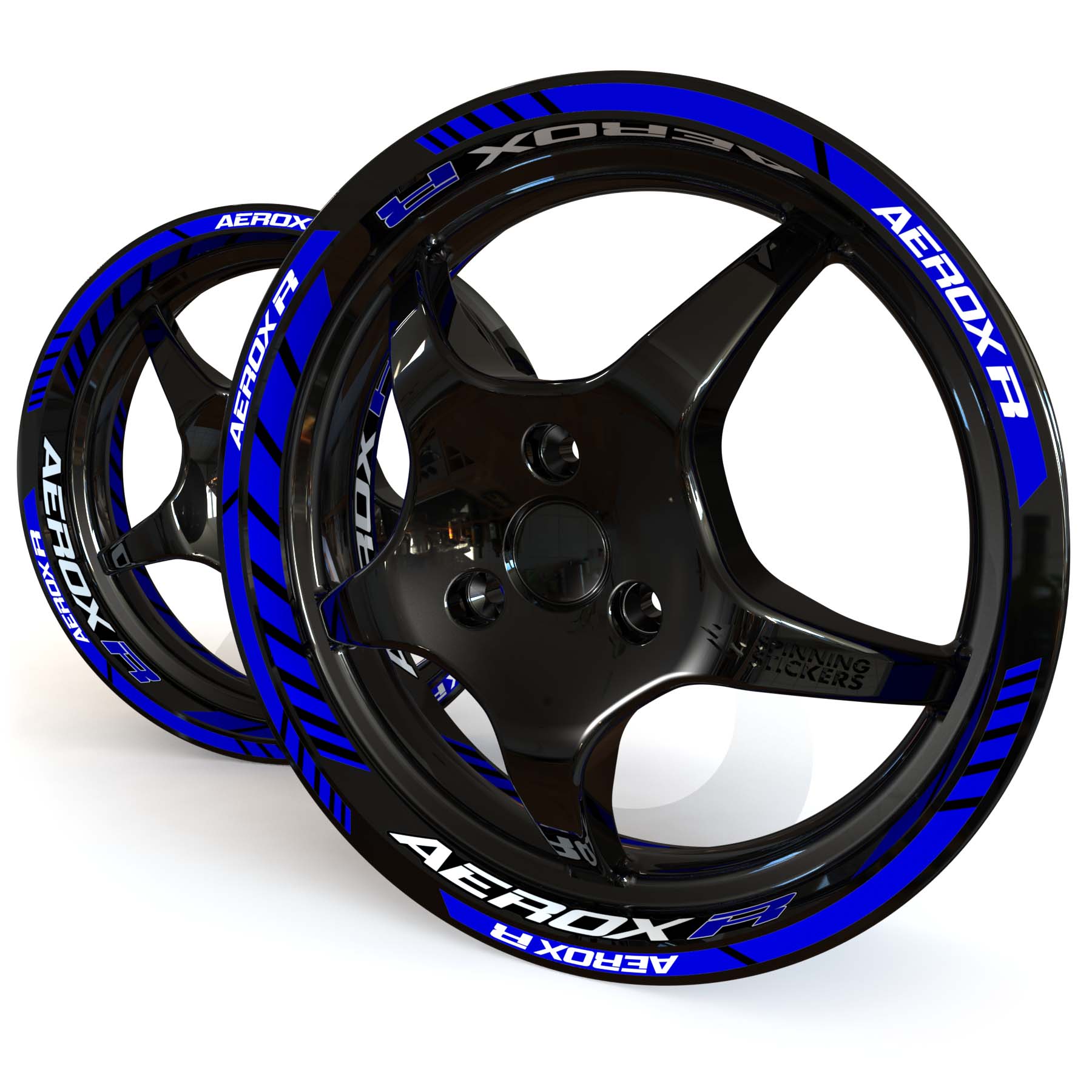 Blue and white Yamaha Aerox R wheel stickers on a black 12 inch moped rim