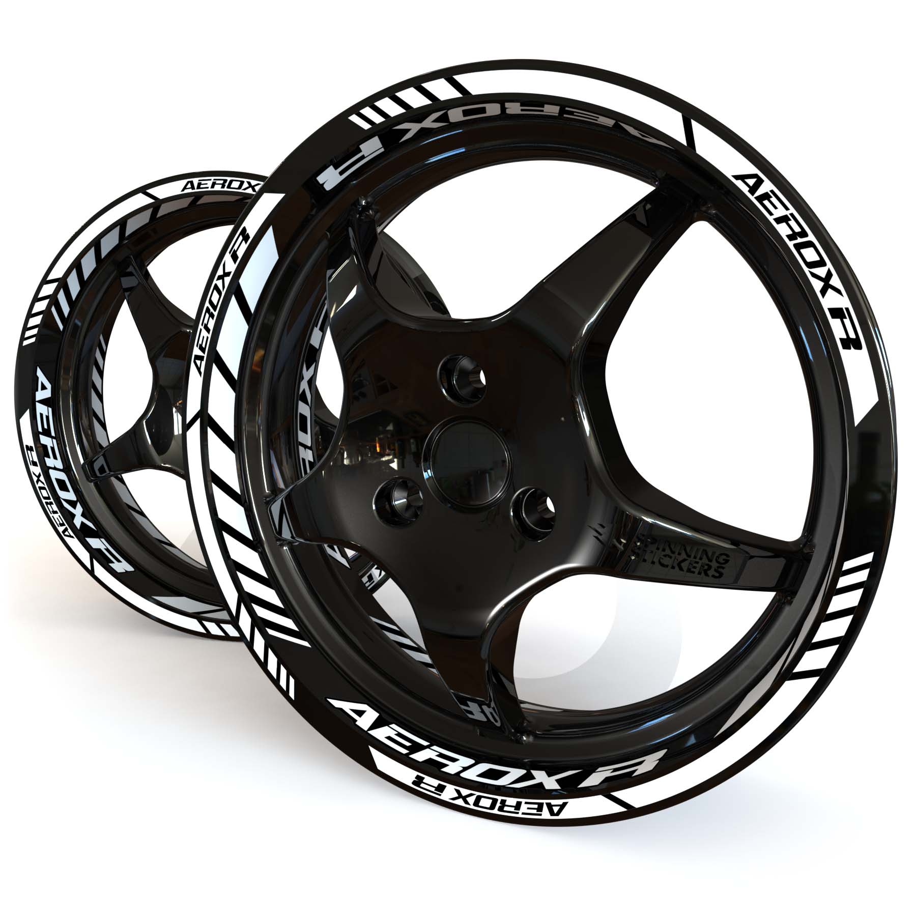 White Yamaha Aerox R wheel stickers on a black 12 inch moped rim