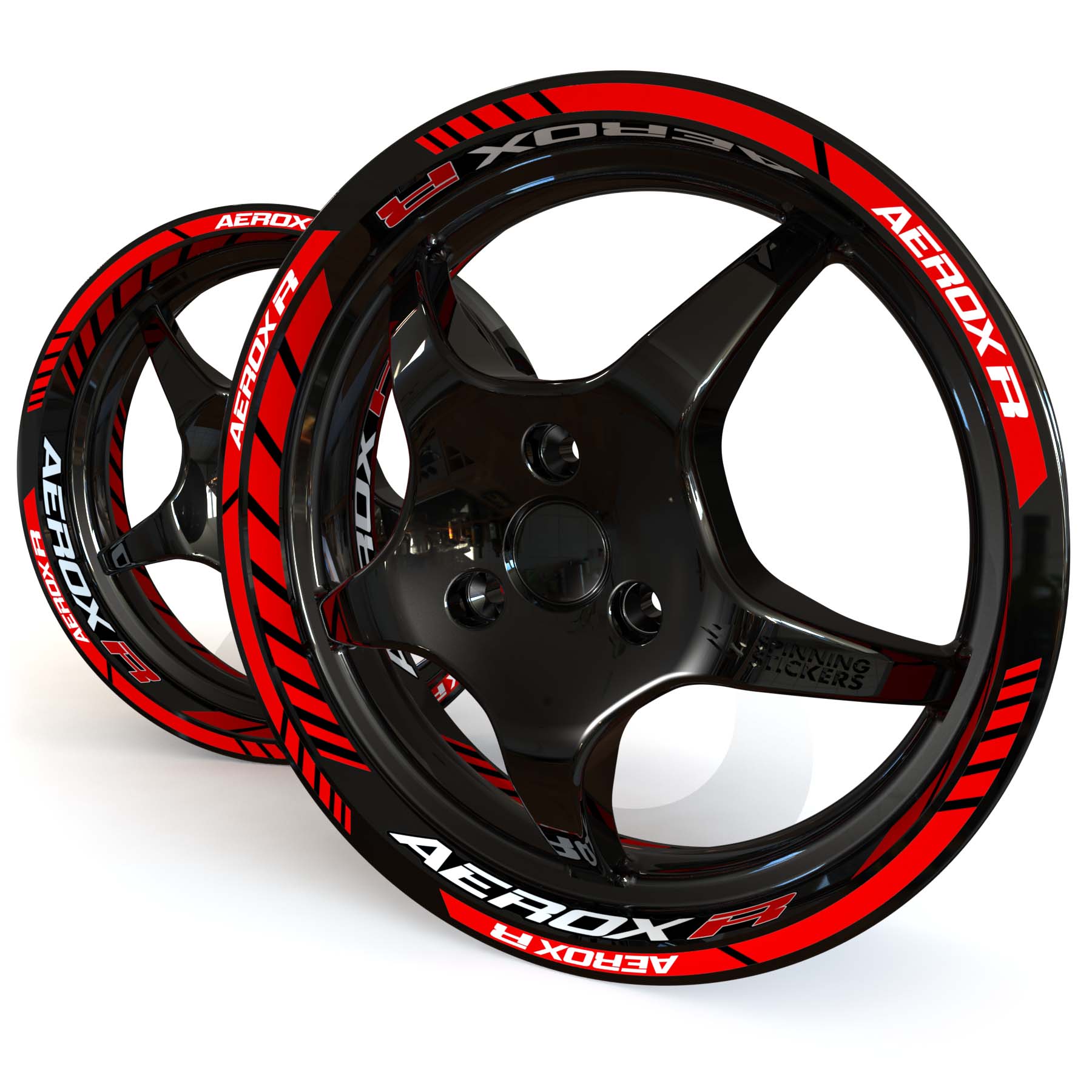 Red and white Yamaha Aerox R wheel stickers on a black 12 inch moped rim