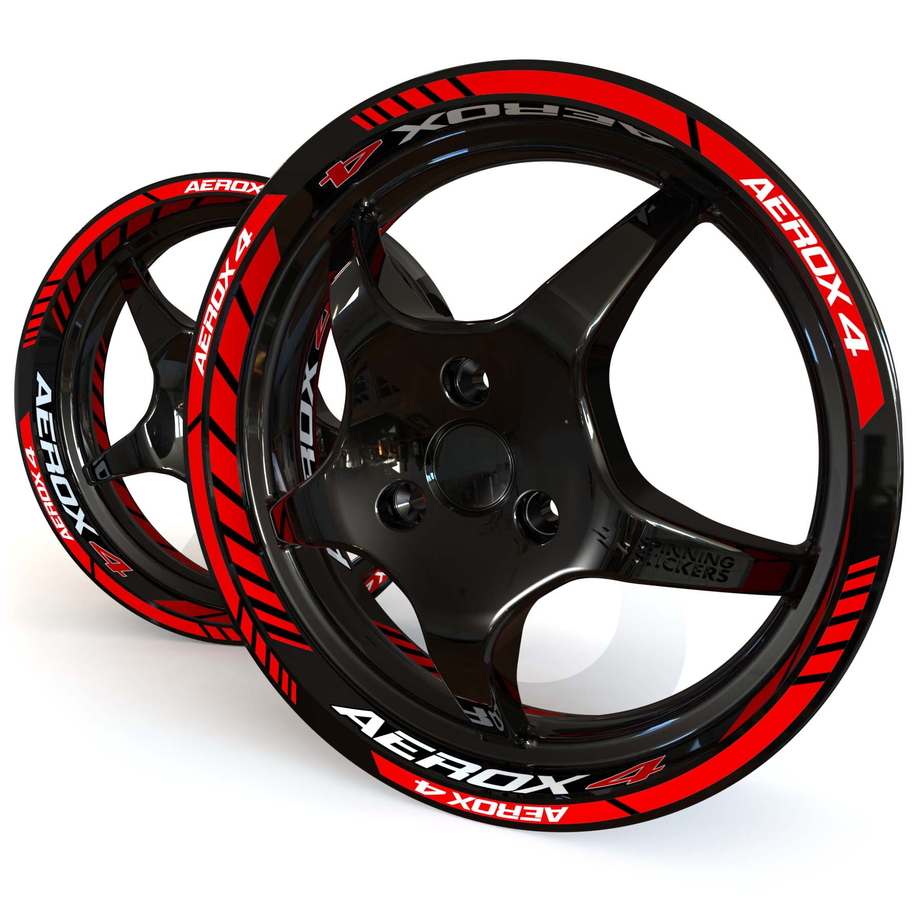 Red and white Yamaha Aerox 4 wheel stickers on a black 12 inch moped rim