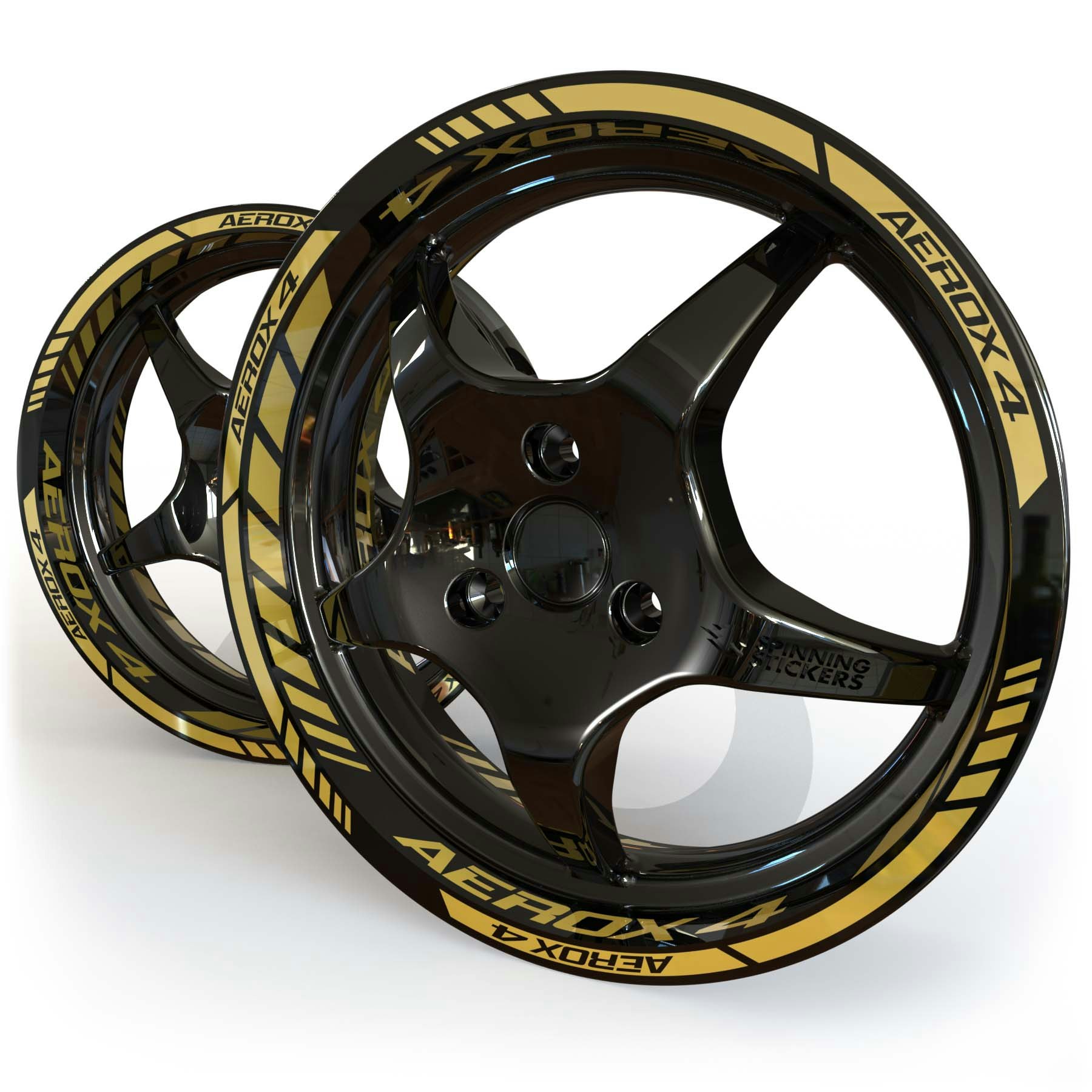 Metallic gold Yamaha Aerox 4 wheel stickers on a black 12 inch moped rim