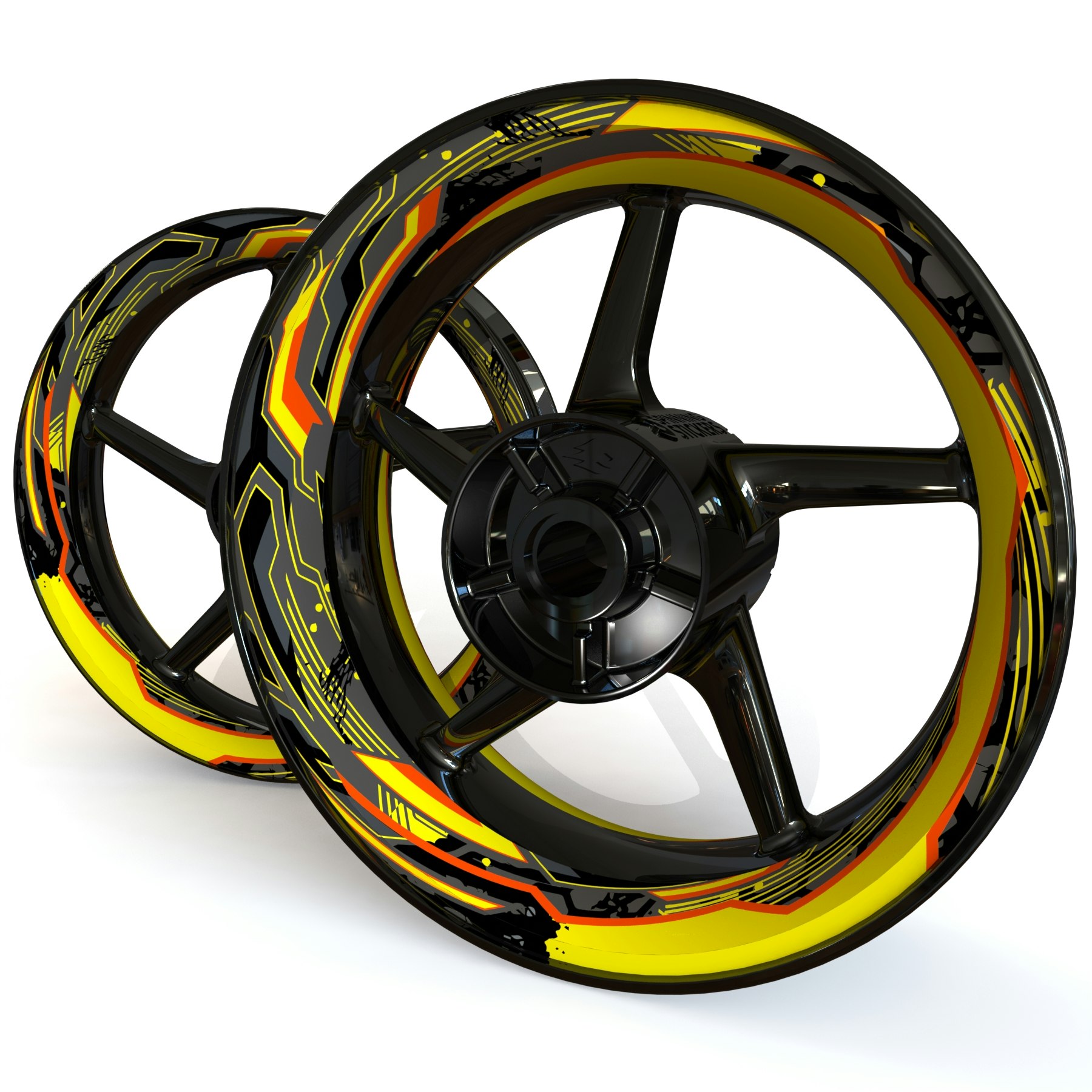 Black rim with futuristic rim stickers in Gray, yellow and orange