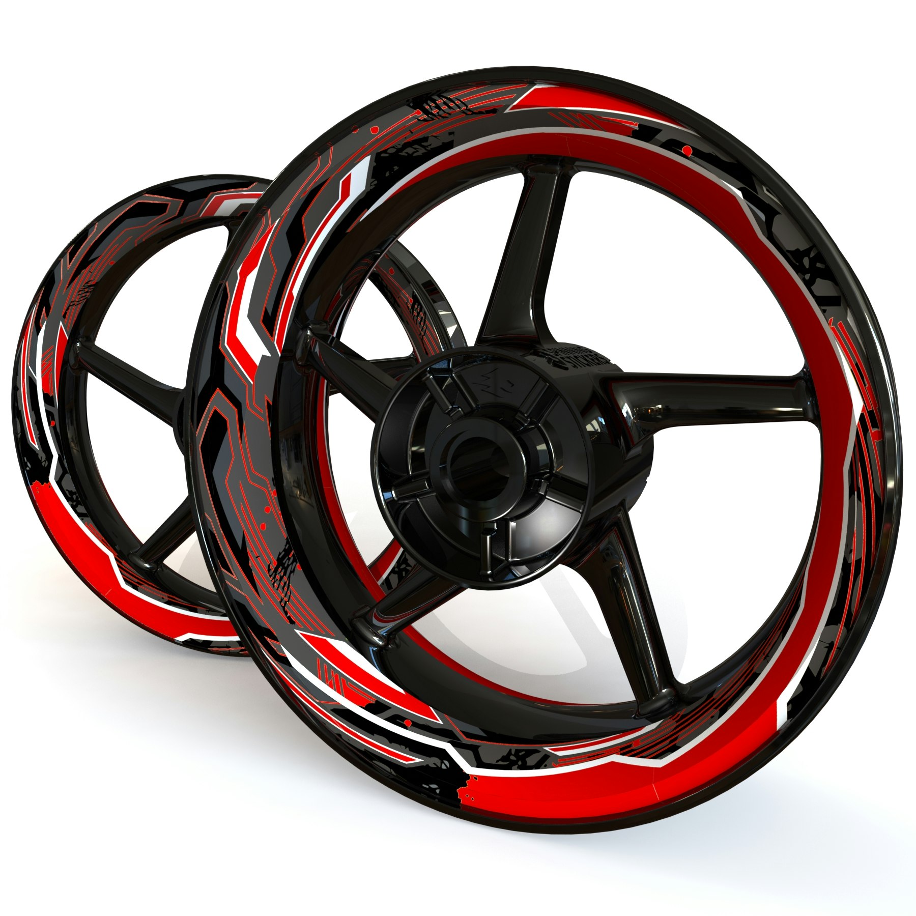 Black rim with futuristic rim stickers in black, red and white