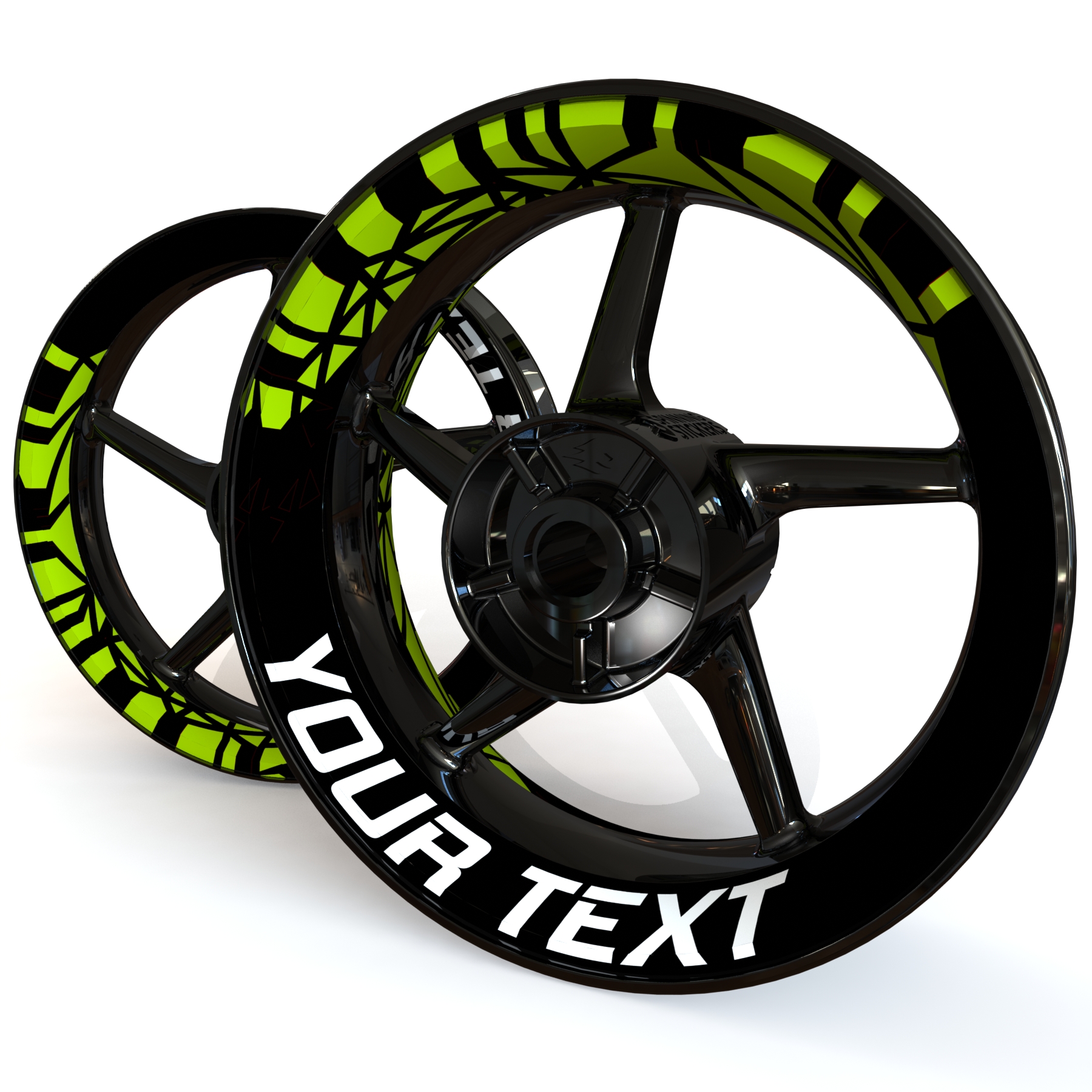 Black rim with your text rim stickers in black and lime green
