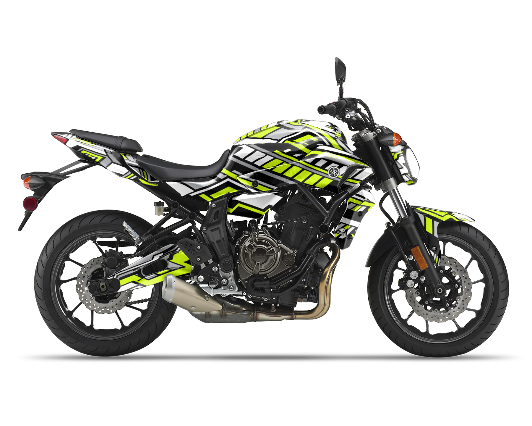 Yamaha MT-07 Motorcycle with signal yellow and white fairing stickers
