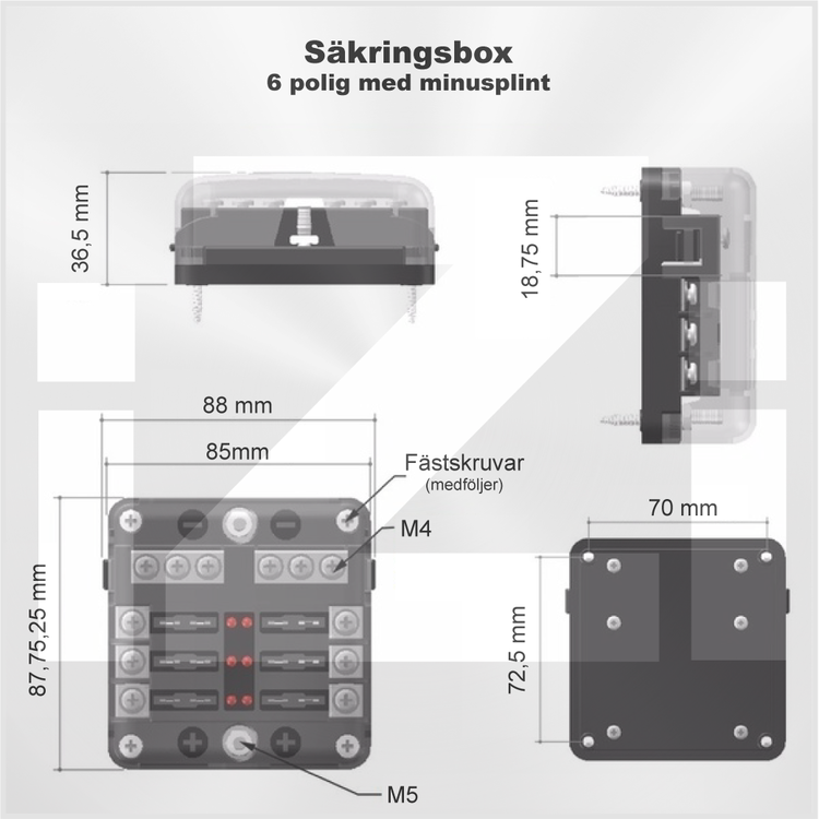 Ritning Säkringsbox för 6 st flatstiftsäkringar